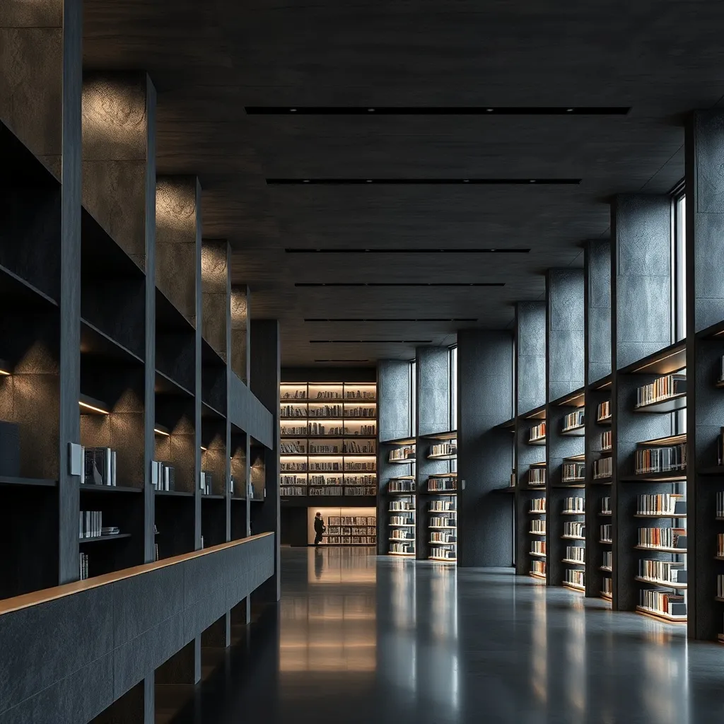 A minimalist architectural detail of a modern library with c
