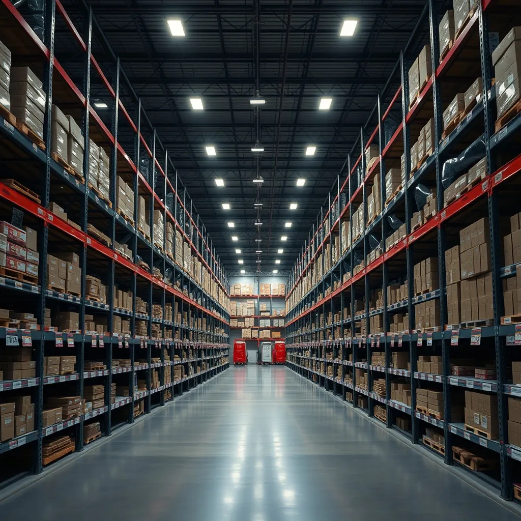 A high-tech modern warehouse with automated shelves and digi