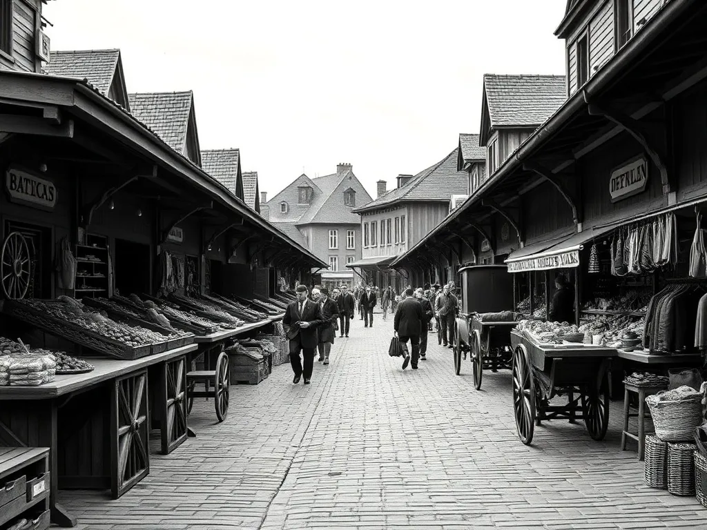A vintage 19th century European marketplace with wooden stal