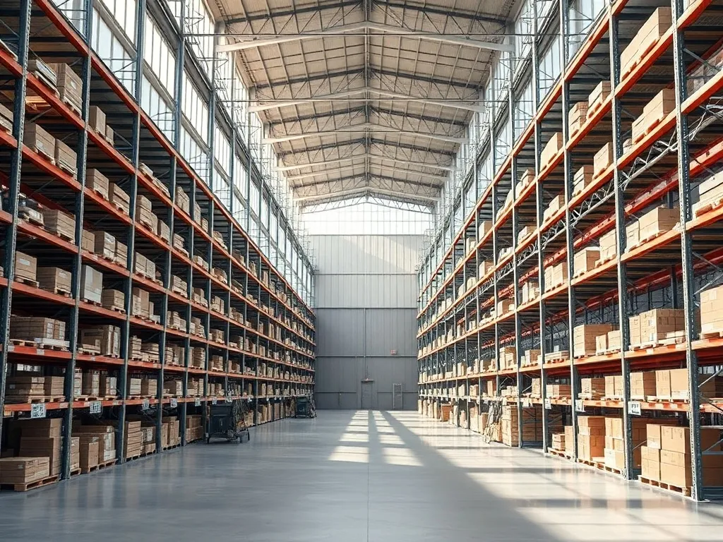 A clean, industrial warehouse with organized shelves and sof
