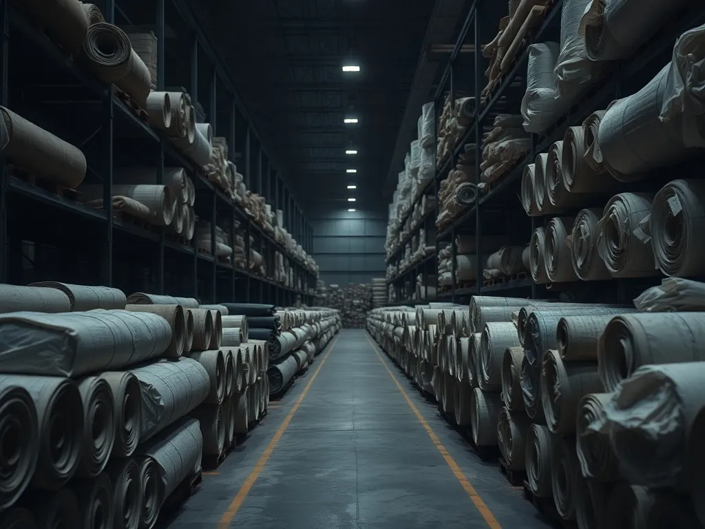 Industrial textile rolls in a warehouse, focus on textures a